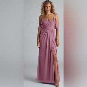 NWT AZAZIE FIENA Stretch Vintage Mauve A-Line V-neck Ruched Mesh Dress